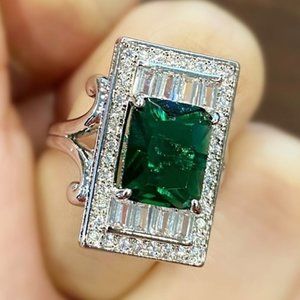 🍁Vintage Luxury Emerald Crystal 925 Silver Plating GemstoneEngagement,UNVN12505